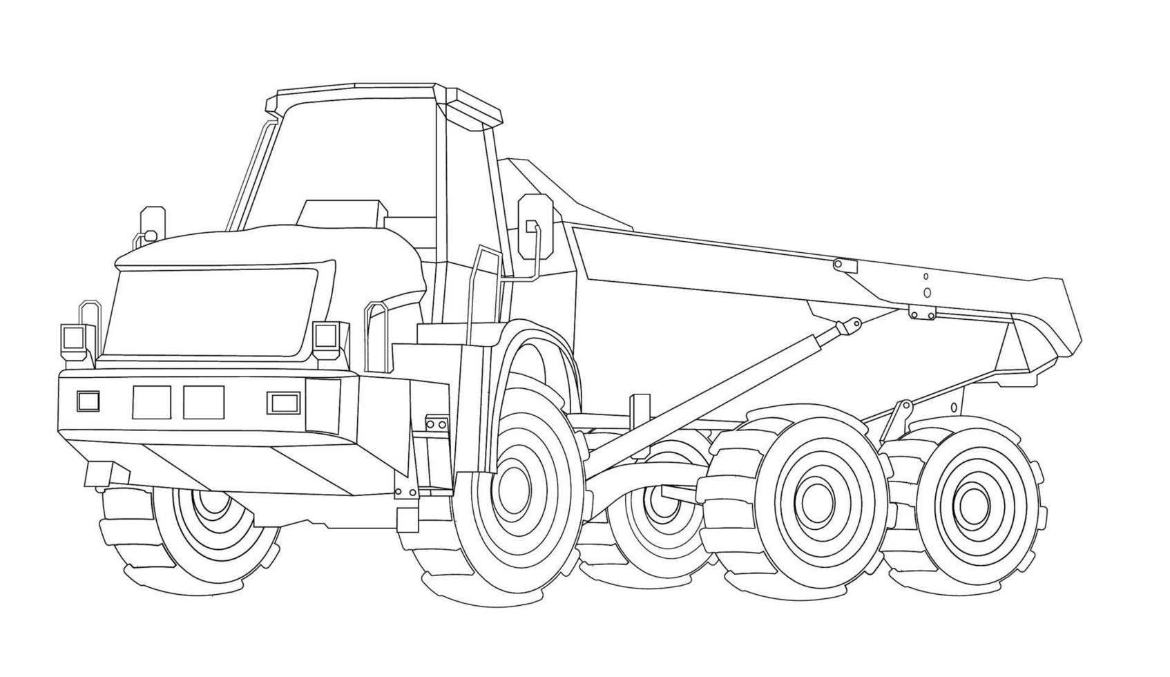 disegno lineare per bambini da colorare. dumper da cantiere e lineare. macchinari e attrezzature industriali. vettore isolato su bianco