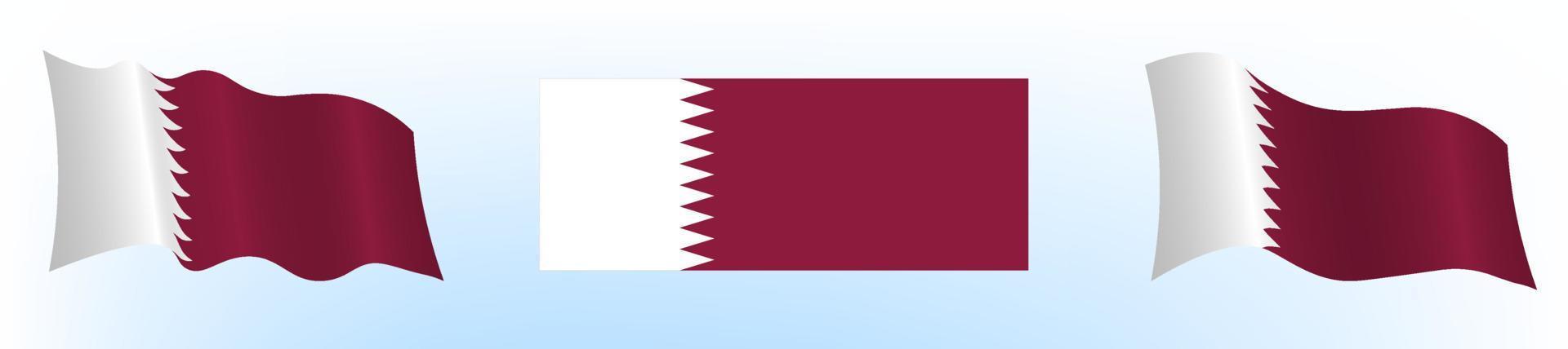 bandiera dello stato del qatar in posizione statica e in movimento, che si sviluppa nel vento, su sfondo bianco vettore