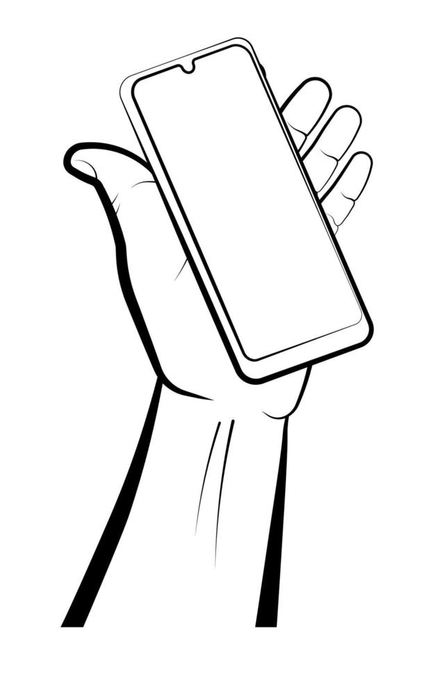 la mano dell'uomo tiene uno smartphone. utilizzando dispositivi intelligenti portatili. vettore isolato su sfondo bianco
