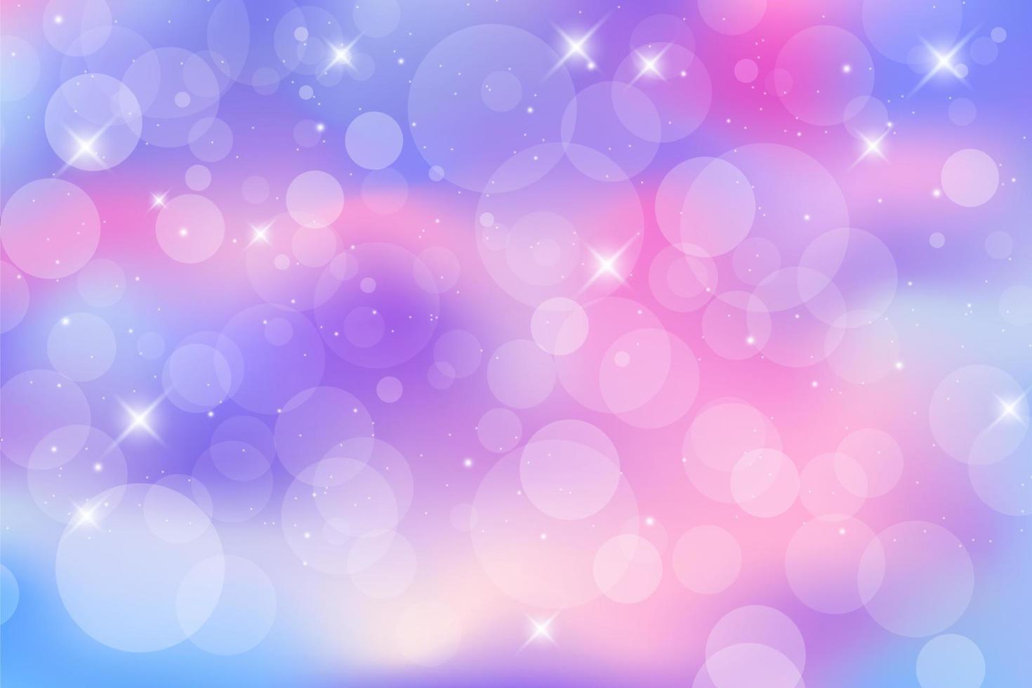 sfondo fantasia arcobaleno. cielo multicolore luminoso con stelle e bokeh. illustrazione olografica nei colori pastello viola e rosa. carta da parati girly simpatico cartone animato. vettore. vettore