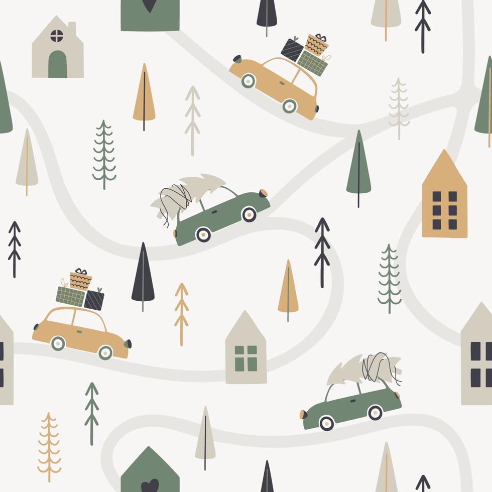 modello senza cuciture della stagione invernale in stile scandinavo. illustrazione di auto retrò con regali e un albero di natale. vettore