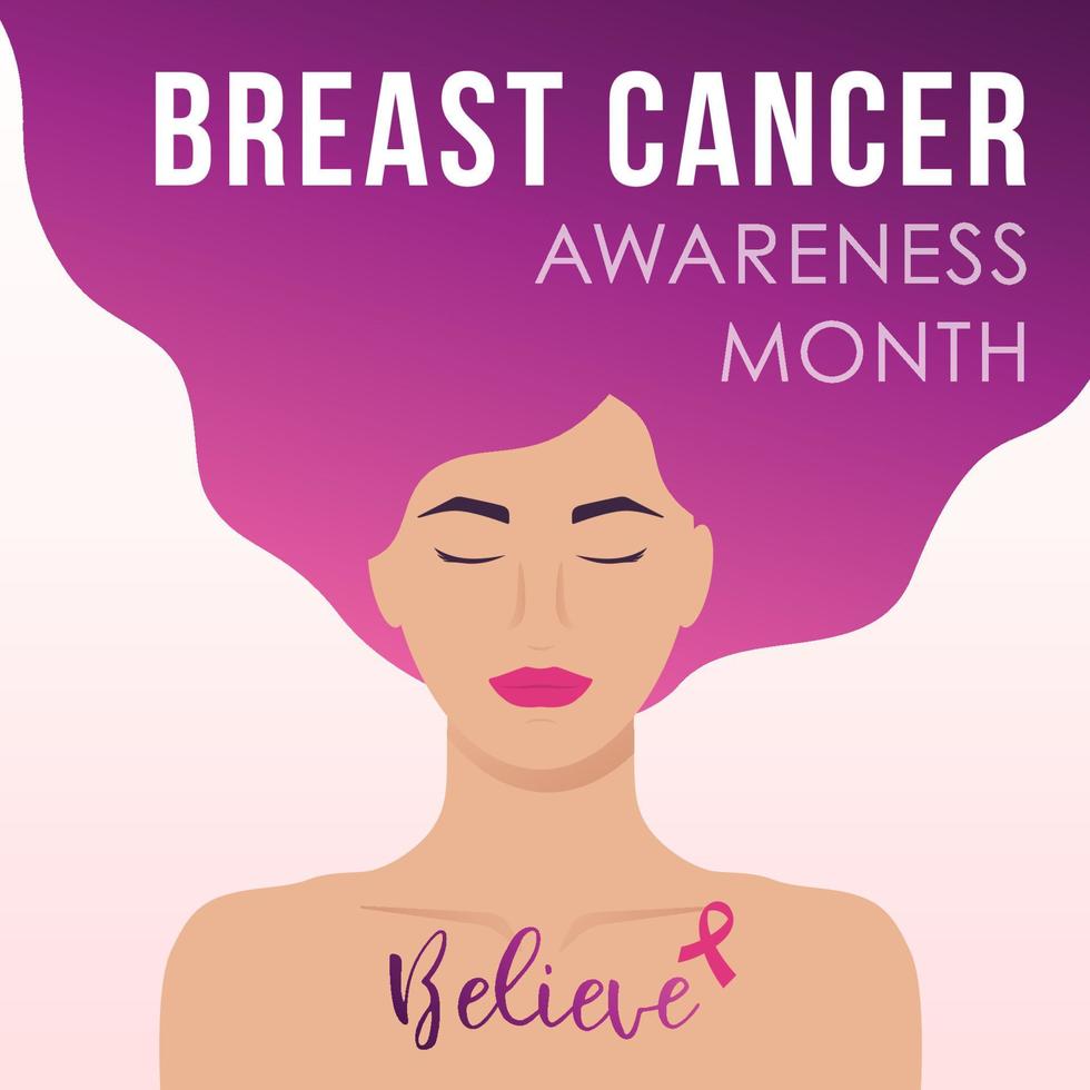 design del mese di sensibilizzazione sul cancro al seno con giovane donna e testo. vettore