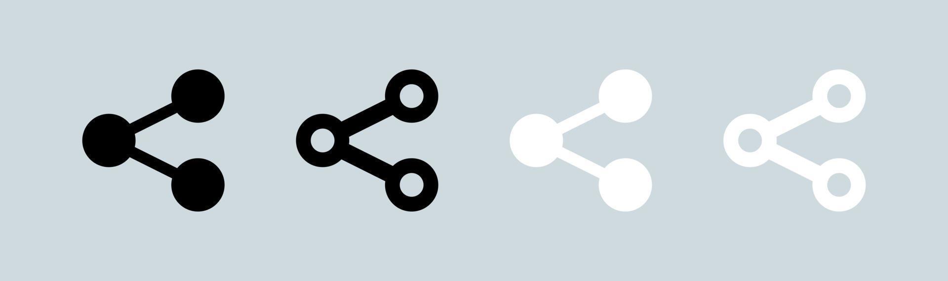 condividere le icone impostate nei colori bianco e nero. Connetti, condivisione dati, simbolo di collegamento, condivisione di rete, set di pulsanti icona di condivisione. vettore