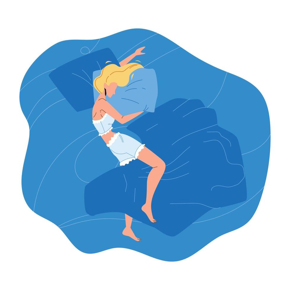 donna addormentata di notte in un comodo letto vettore