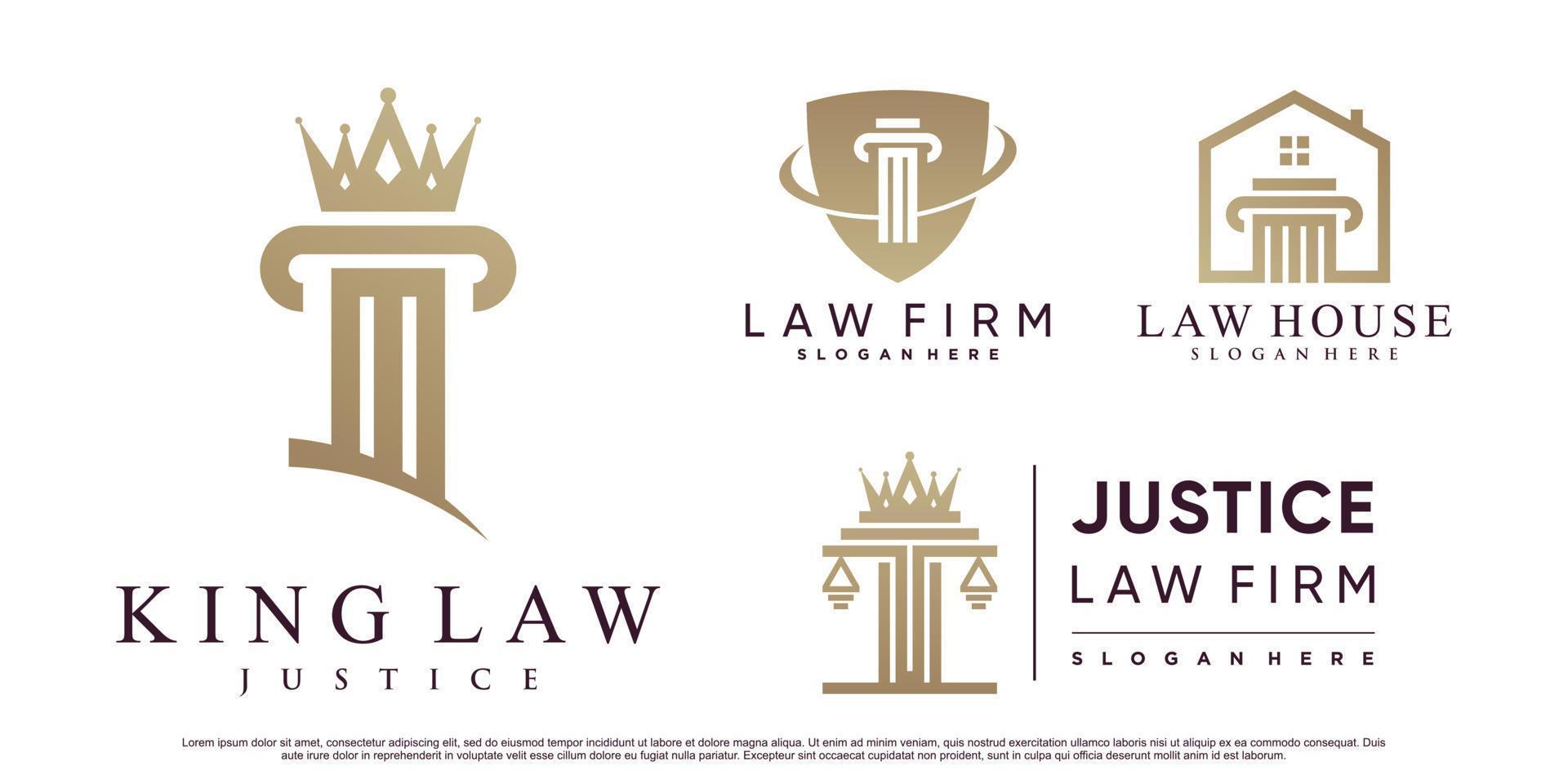 set di design del logo dello studio legale della giustizia con pilastro, corona e vettore premium elemento creativo