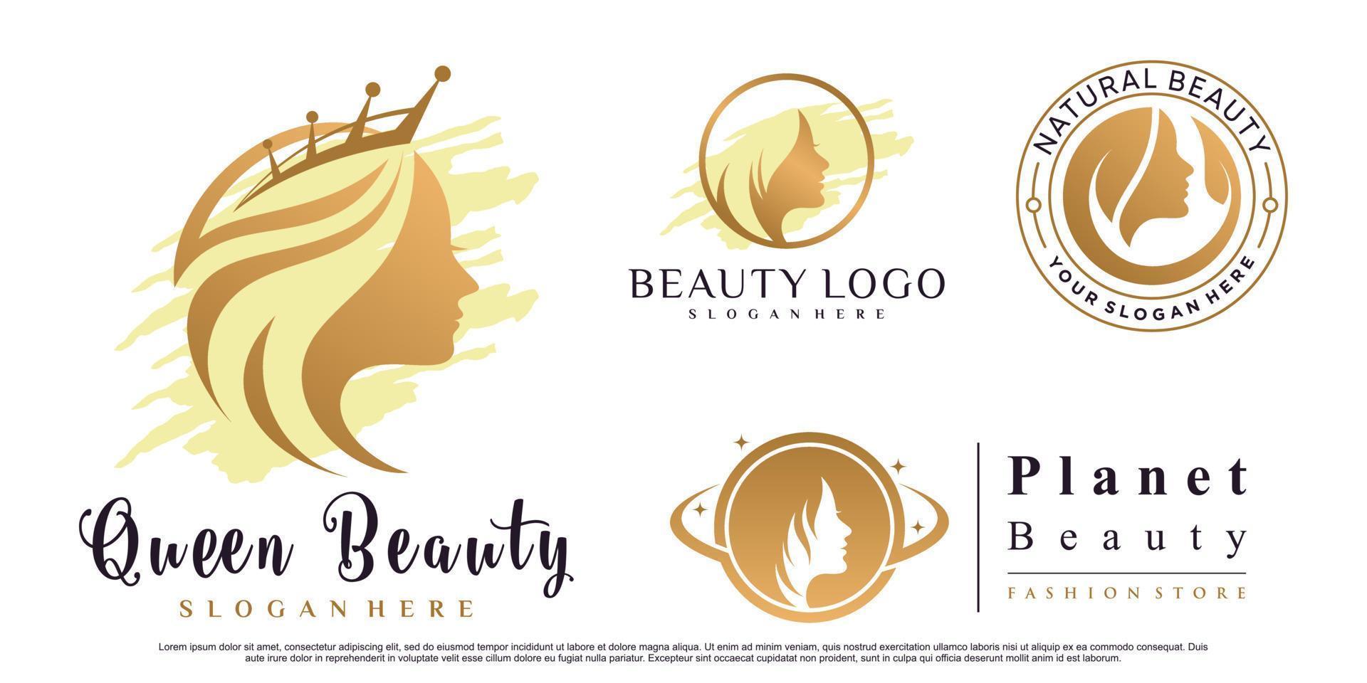 set di design del logo della regina di bellezza con illustrazione del viso di donna per il vettore premium del salone