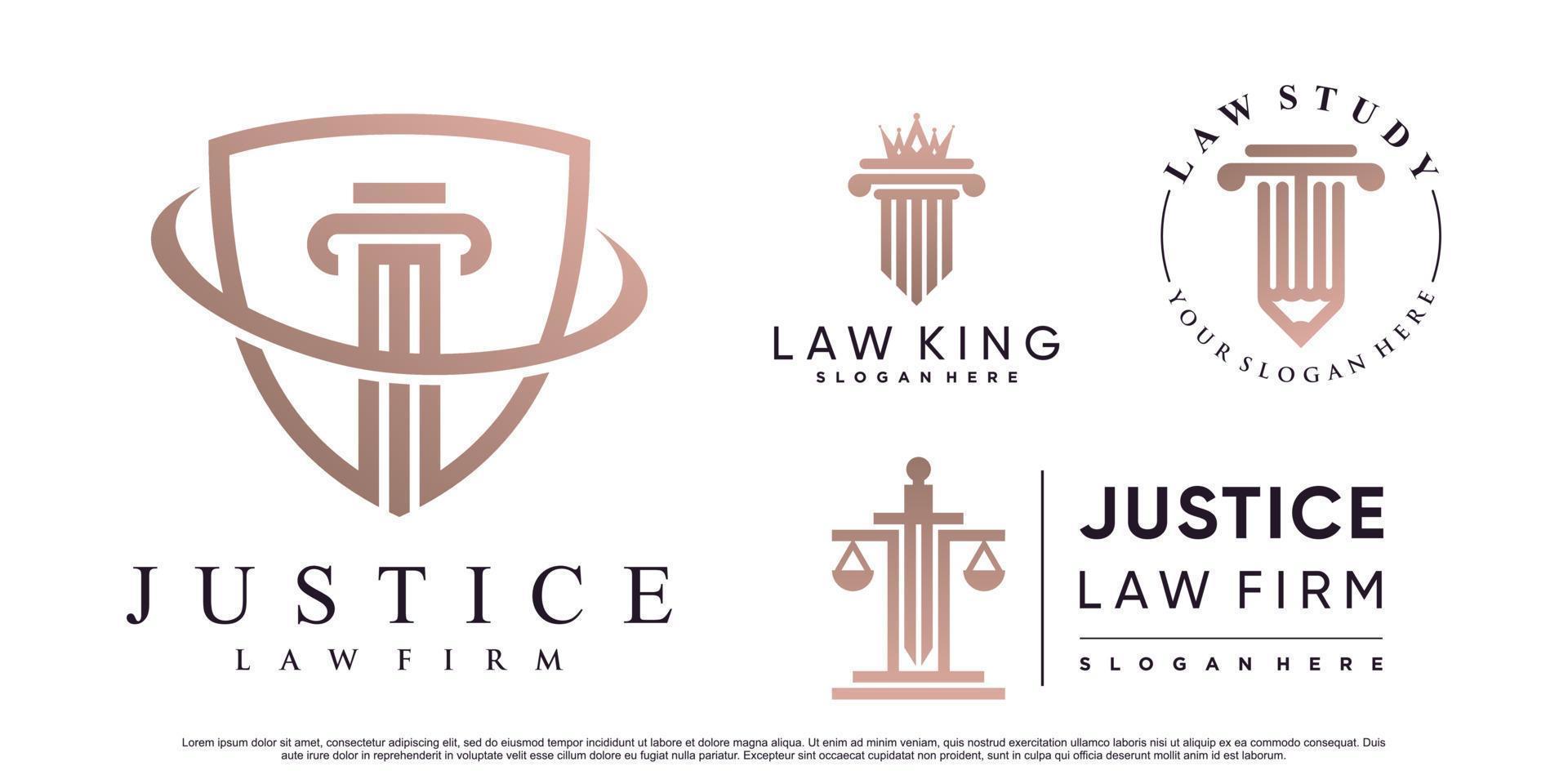 set di design del logo dello studio legale della giustizia con pilastro, corona e vettore premium elemento creativo