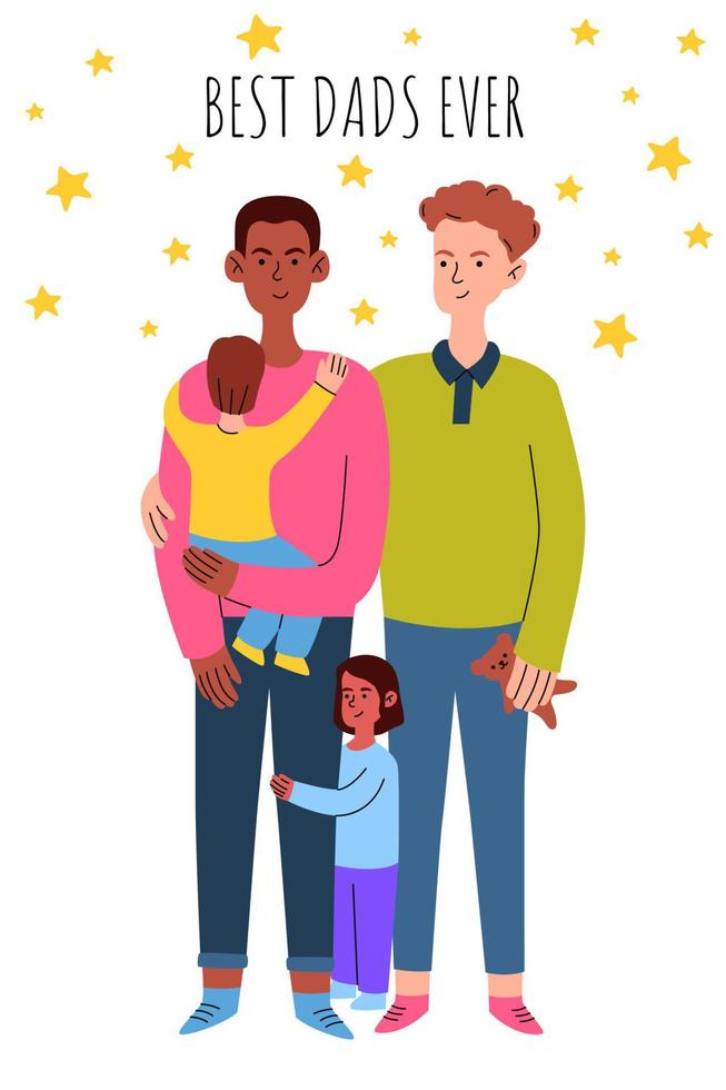 i migliori papà di sempre. coppia gay con i figli adottivi. biglietto di auguri per la festa del papà. illustrazione vettoriale in uno stile piatto per la stampa.