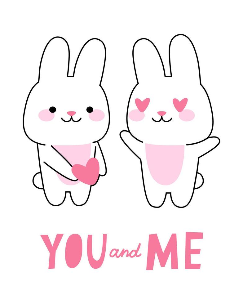 carta con amore coppia coniglio. concetto di san valentino. simpatico coniglietto kawaii. illustrazione del fumetto di vettore per la stampa.