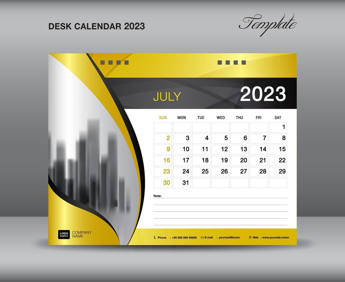modello di calendario 2023, modello di luglio 2023, calendario da tavolo 2023 anno su sfondi dorati concetto di lusso, design del calendario da parete, pianificatore, pubblicità, supporti di stampa, vettore