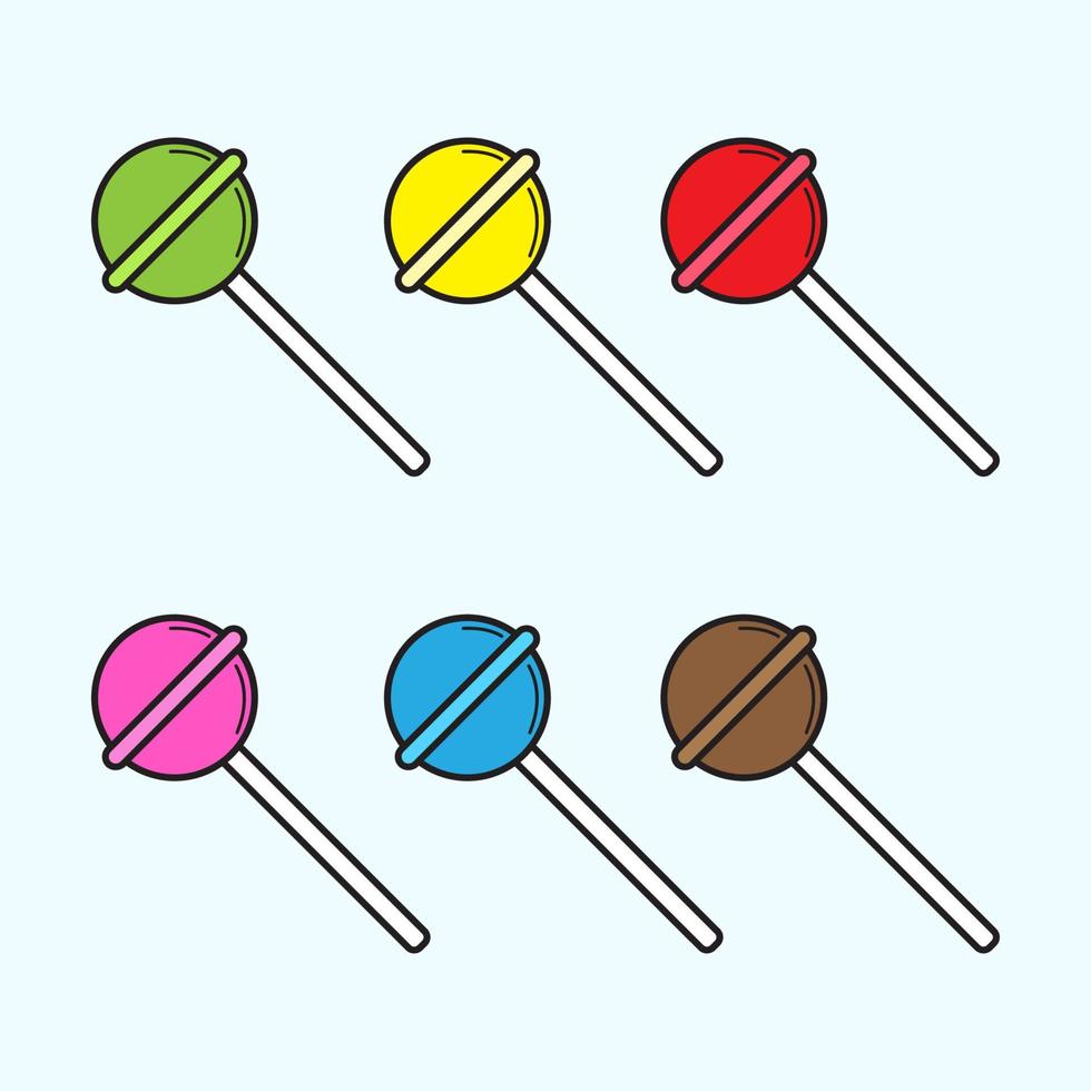 set colorato di illustrtion di vettore di caramelle lecca-lecca. modello di progettazione elemento stock. colore opzionale verde, giallo, rosso, rosa, blu e marrone.