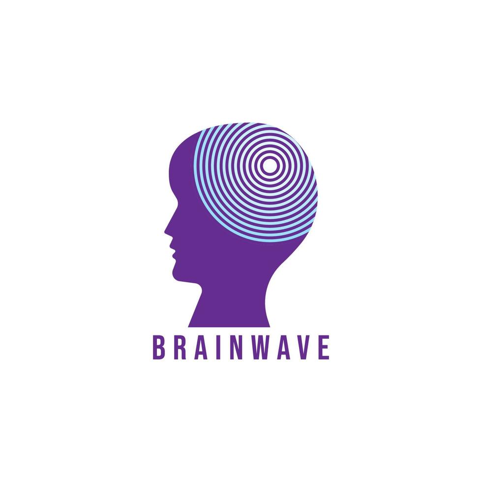 modello di progettazione logo brainwave. silhouette della testa di persone con il concetto di logo dell'onda di energia. colore di gradazione viola e blu. isolato su sfondo bianco vettore
