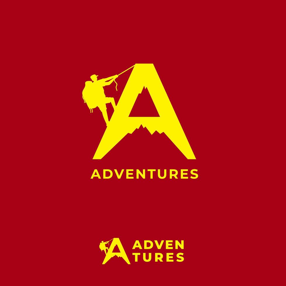 modello di progettazione logo avventure su sfondo rosso marrone. lettera un alfabeto, silhouette di montagna e persone che si arrampicano. per società di guide turistiche, moda o altri legati agli sport all'aria aperta vettore