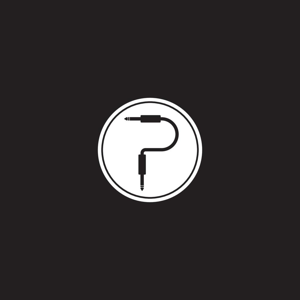 concetto di logo jack per cavo che forma lettera p alfabeto con forma ellittica dietro. modello di progettazione del logo audio. isolato, apparecchiature audio, impianto audio, strumento. bianco e nero vettore