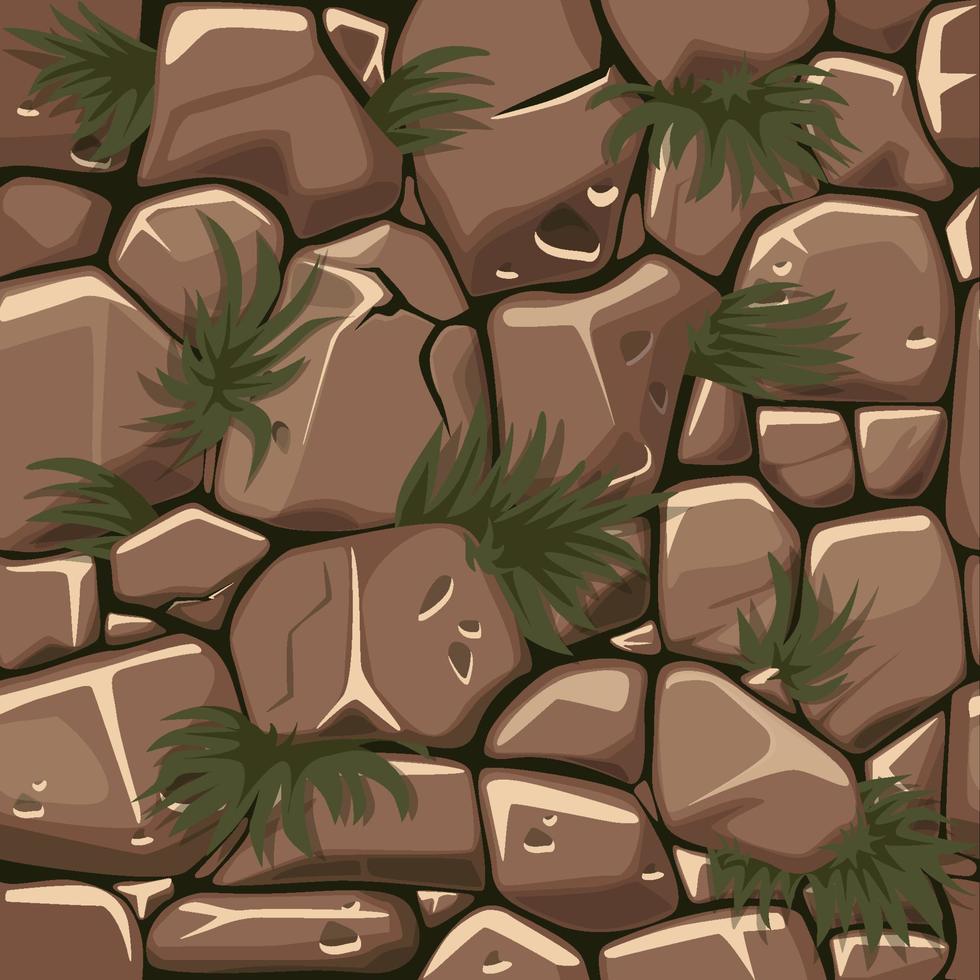 pietre senza cuciture con erba, motivo a ciottoli con piante per il gioco dell'interfaccia utente. illustrazione vettoriale di sfondo rocce per carta da parati.