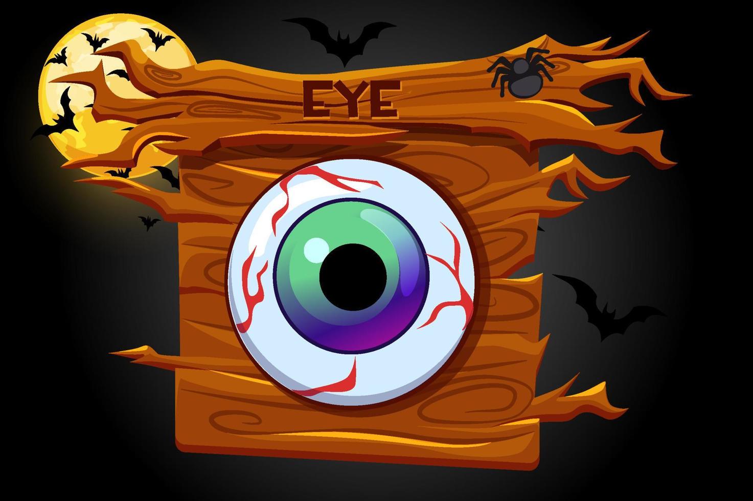 icona occhi di gioco, banner in legno e notte spaventosa. illustrazione vettoriale di palo di legno, luna e pipistrello.
