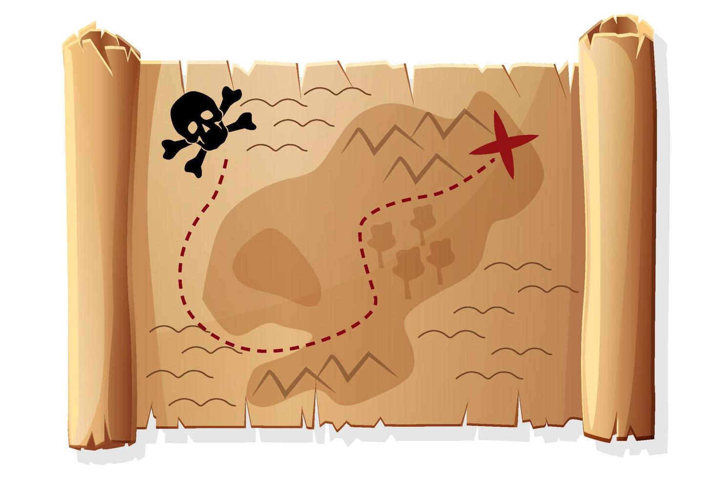 pergamena vecchia mappa, mappa del tesoro antica dei pirati per il gioco. illustrazione vettoriale di carta vintage, icone del cranio per la progettazione grafica.
