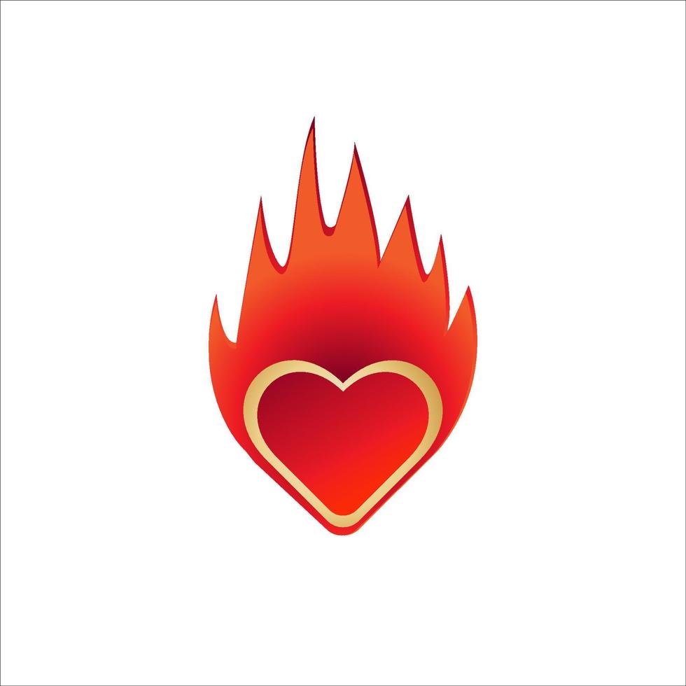 cuore con illustrazione vettoriale fuoco isolato su sfondo bianco. amore brucia fuoco logo design concept. gradazione di colore oro e rosso arancio