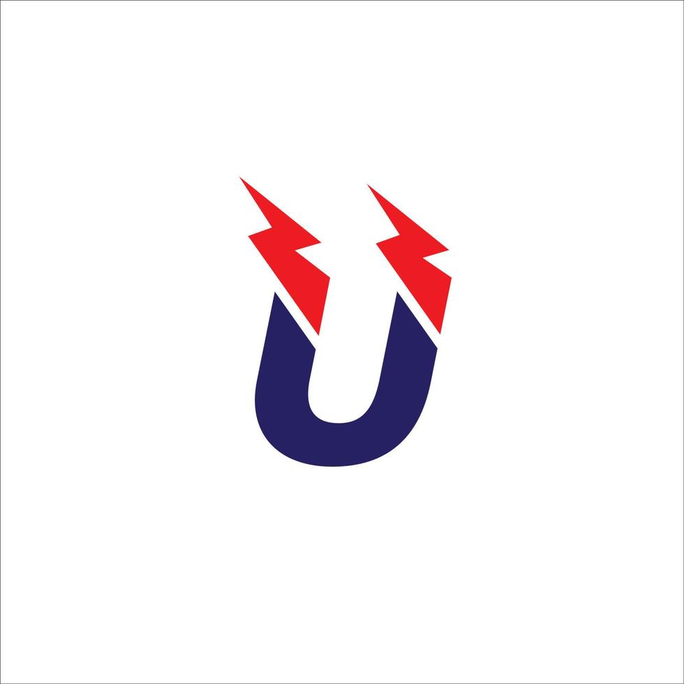 modello di progettazione del logo iniziale della lettera u isolato su priorità bassa bianca. alfabeto con il concetto di logo a forma di tuono. tema di colore rosso caldo e blu scuro. vettore