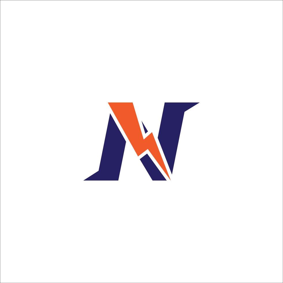 modello di progettazione del logo iniziale della lettera n. alfabeto con il concetto di logo di tuono. tema di colore blu e arancione. isolato su sfondo bianco vettore