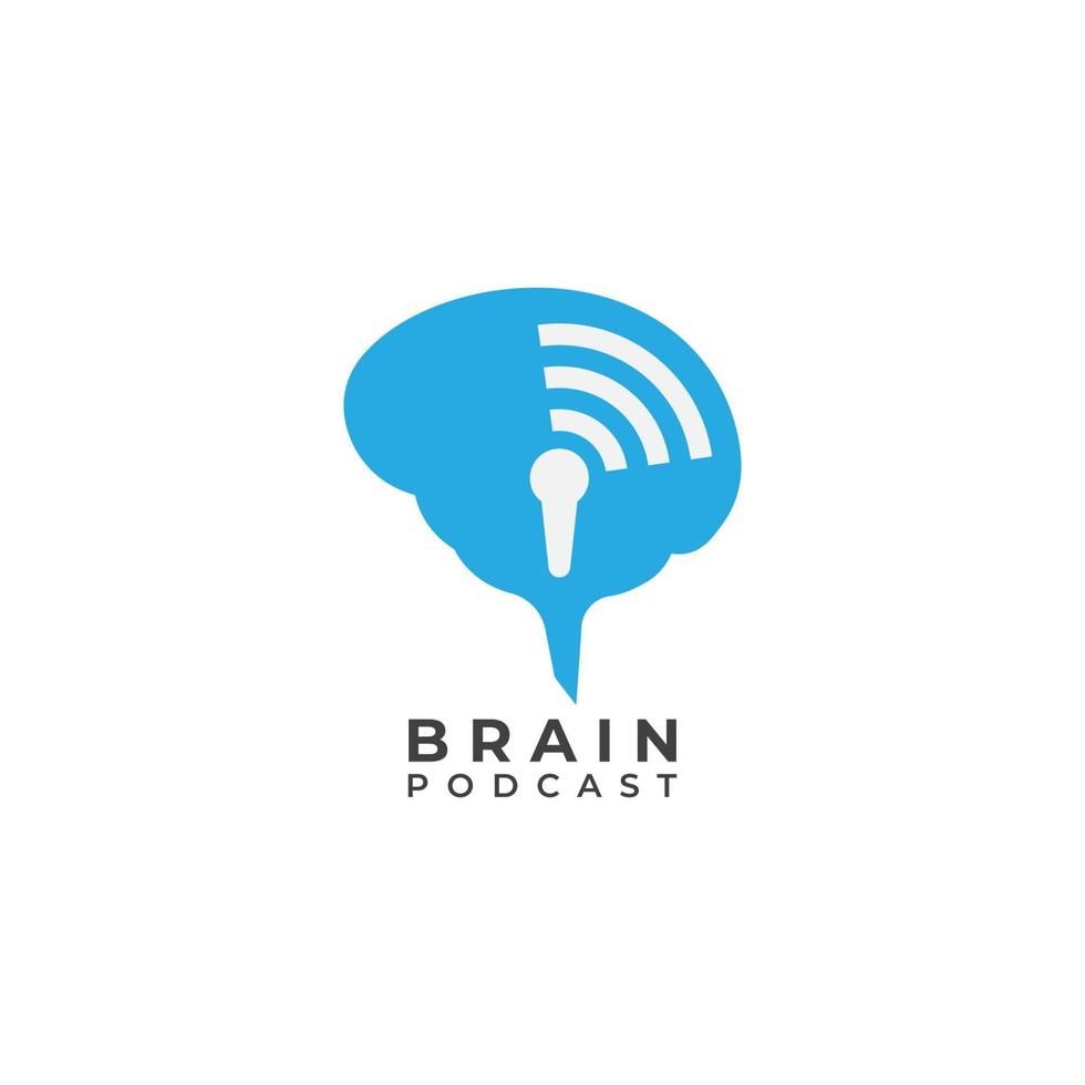 modello di progettazione del logo del podcast del cervello. cervello blu con l'icona del microfono e il concetto di logo dell'illustrazione dell'onda del segnale. isolato su sfondo bianco vettore
