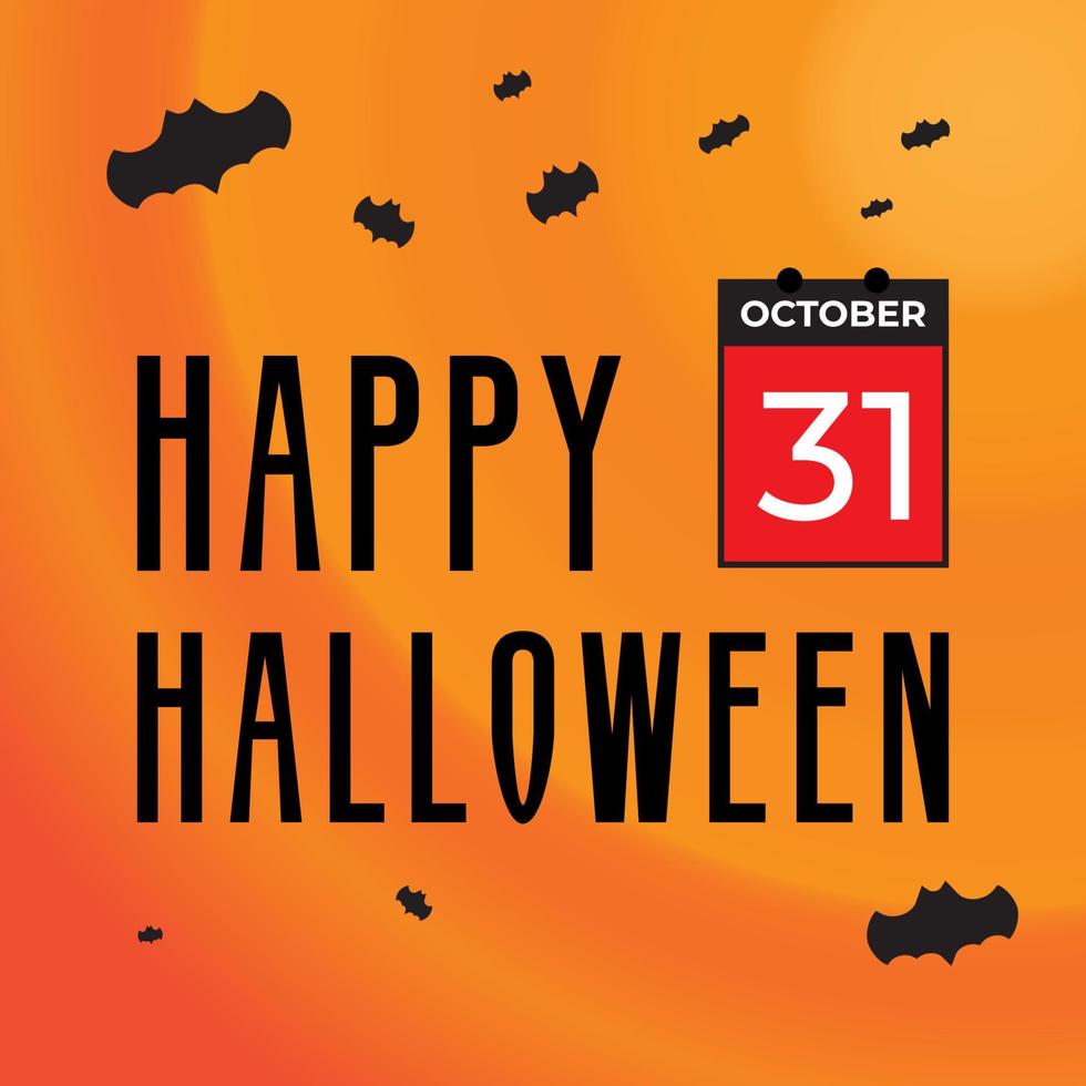 felice biglietto di auguri di halloween con pipistrelli volanti e design di elementi del calendario. modello di post sui social media. tema di colore arancione scuro. vettore