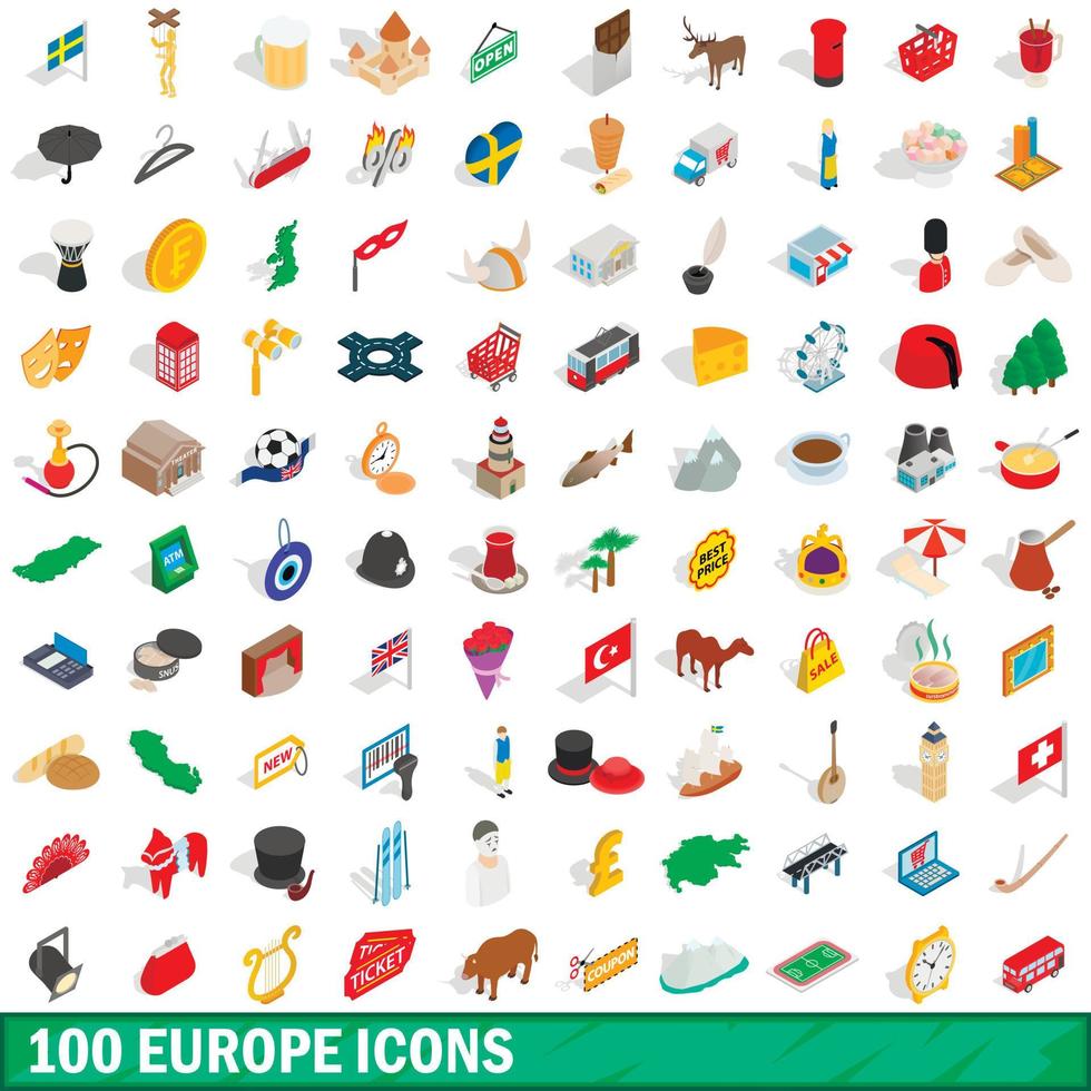 100 set di icone dell'Europa, stile 3d isometrico vettore