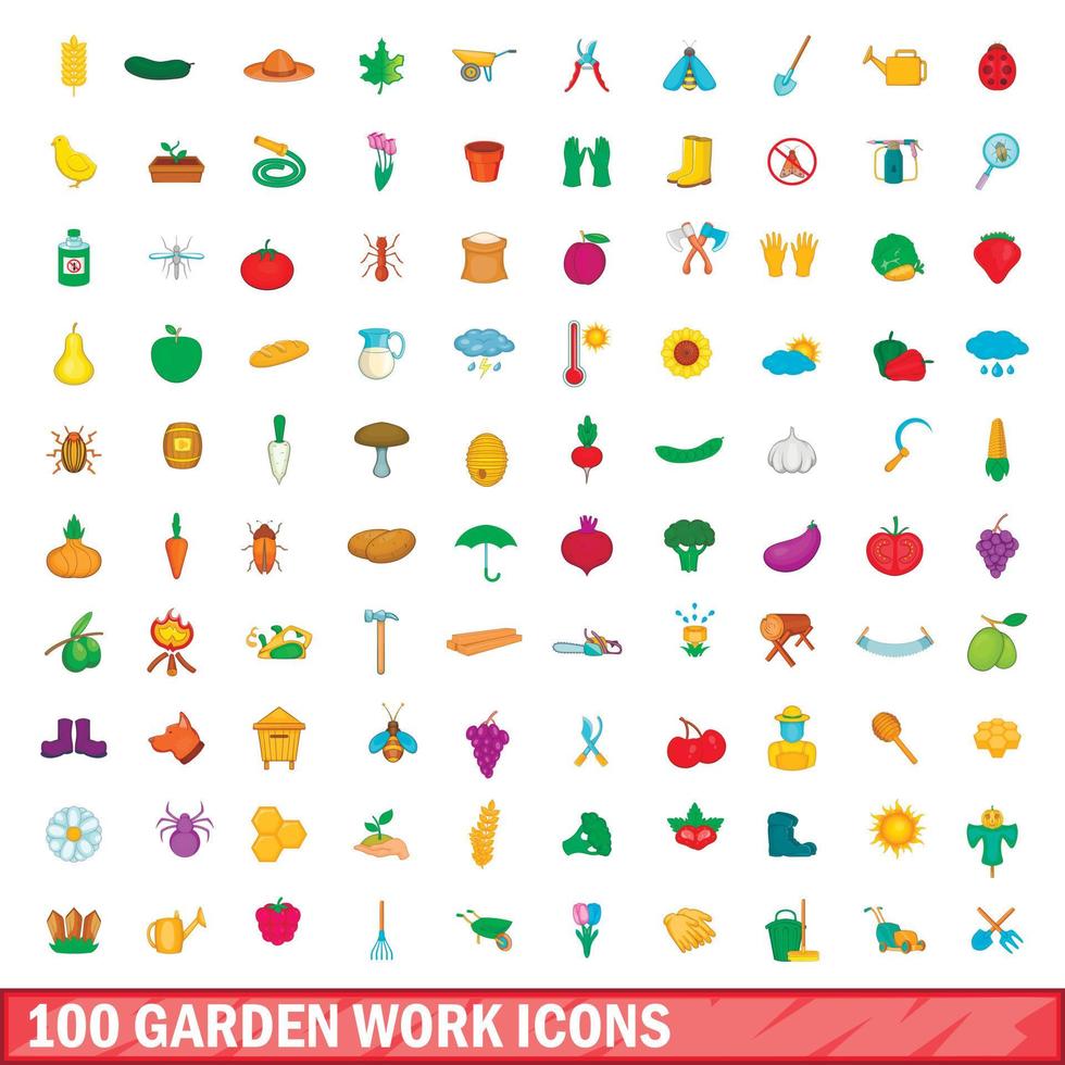 100 icone di lavoro in giardino, stile cartone animato vettore