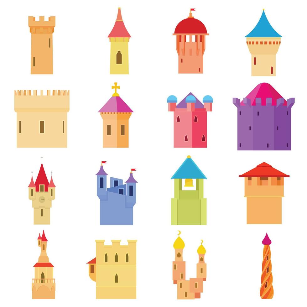 le icone della torre del castello impostano il colore, lo stile del fumetto vettore