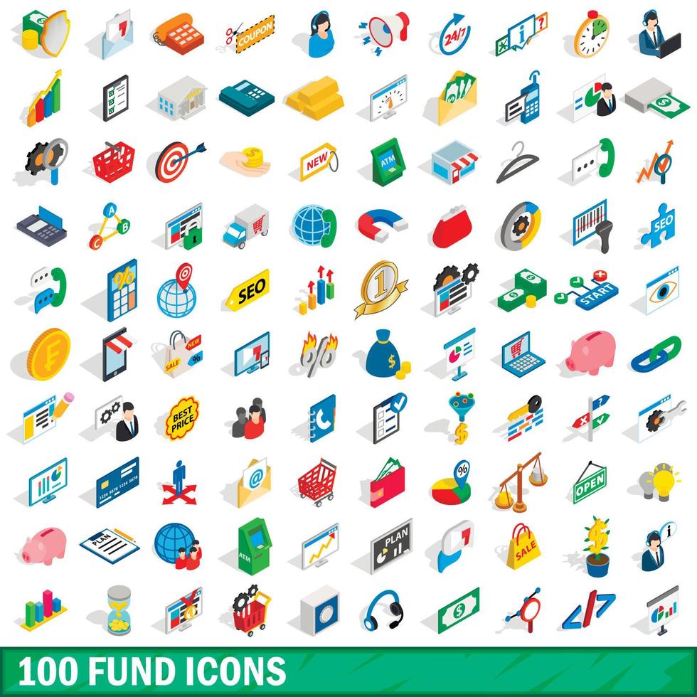 100 icone del fondo impostate, stile 3d isometrico vettore