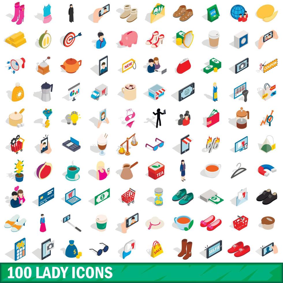 100 icone della signora impostate, stile 3d isometrico vettore