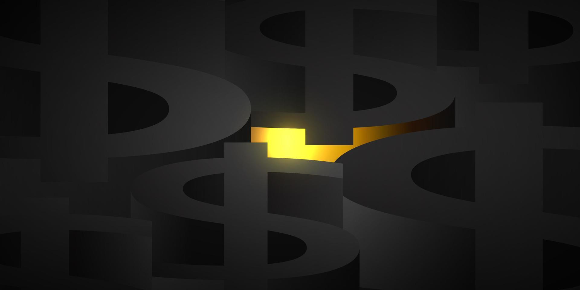 sfondo astratto con simboli del dollaro scuro con un bagliore dorato che sale attraverso il centro. illustrazione vettoriale 3d