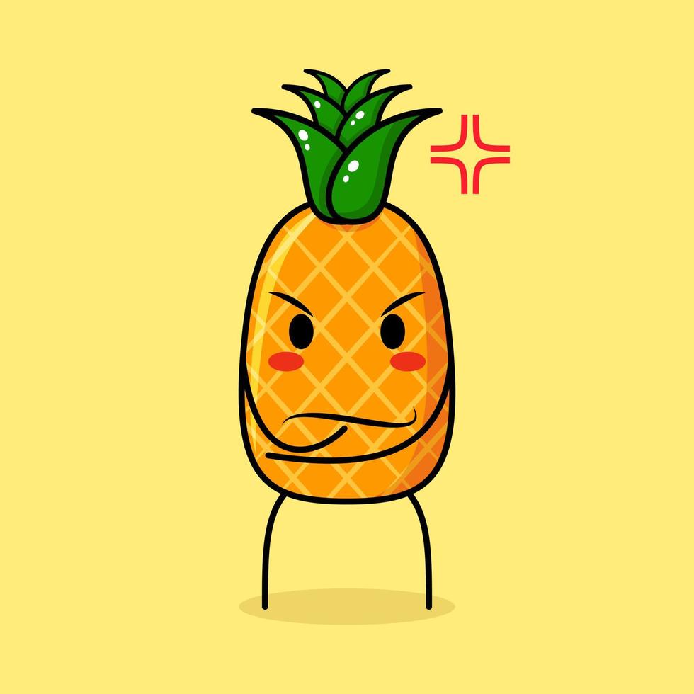 simpatico personaggio di ananas con espressione arrabbiata. verde e giallo. adatto per emoticon, logo, mascotte. una mano sul mento vettore