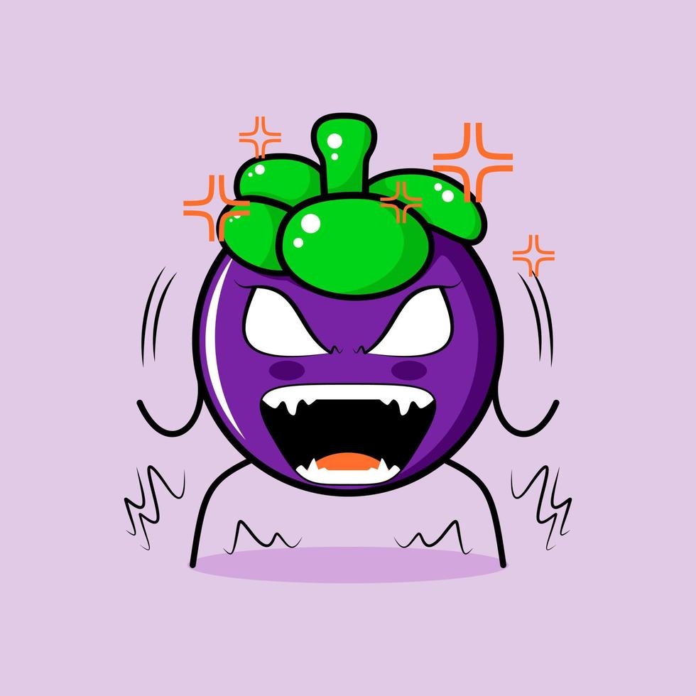 simpatico personaggio di mangostano con un'espressione molto arrabbiata. occhi sporgenti e bocca spalancata. verde e viola. adatto per emoticon, logo, mascotte vettore