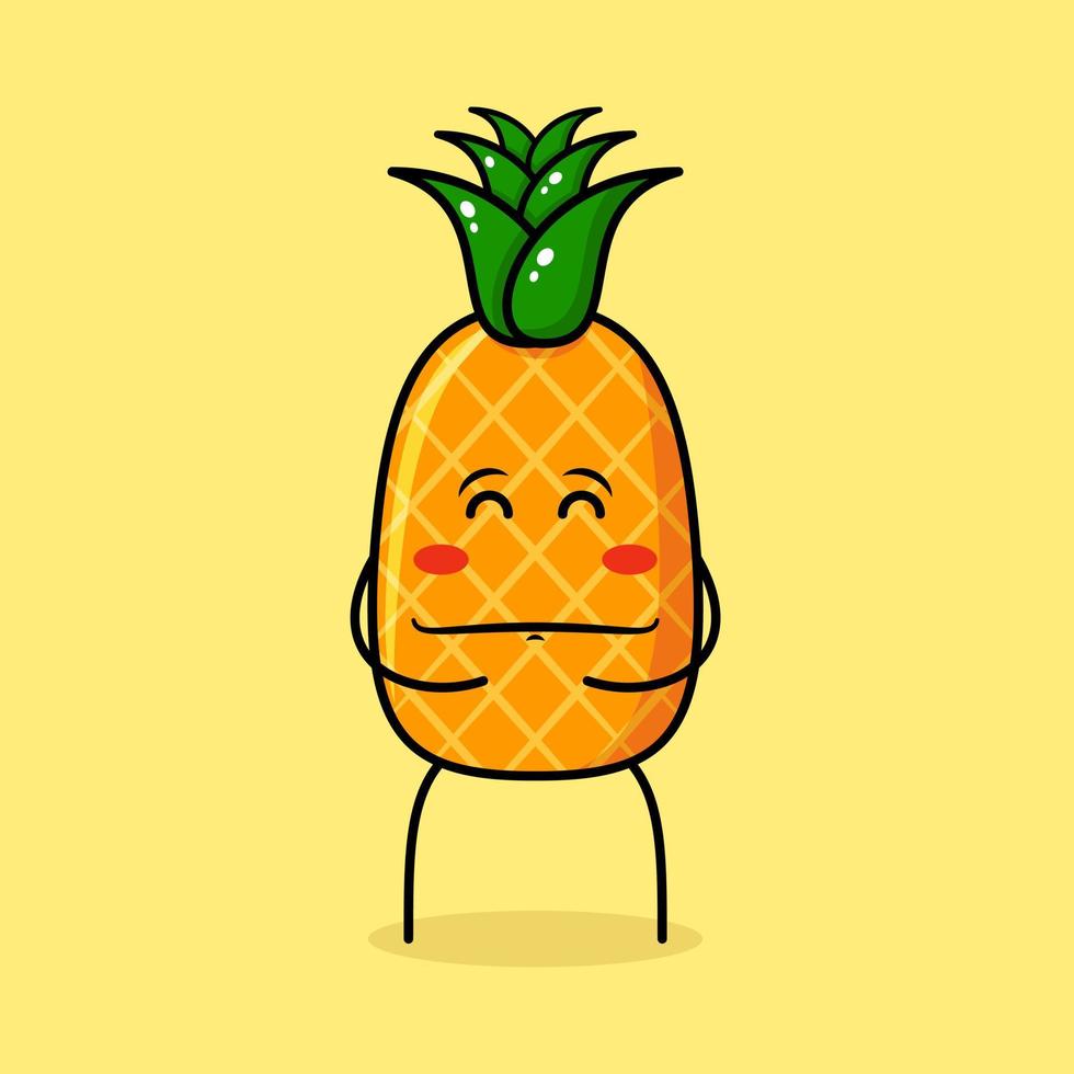 simpatico personaggio di ananas con espressione felice, occhi chiusi, entrambe le mani sullo stomaco e sorridente. verde e giallo. adatto per emoticon, logo, mascotte vettore
