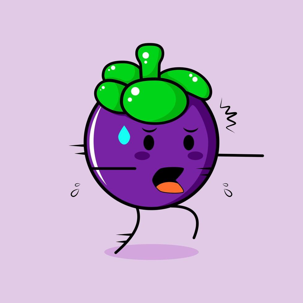 simpatico personaggio di mangostano con espressione spaventata e corsa. verde e viola. adatto per emoticon, logo, mascotte o adesivo vettore