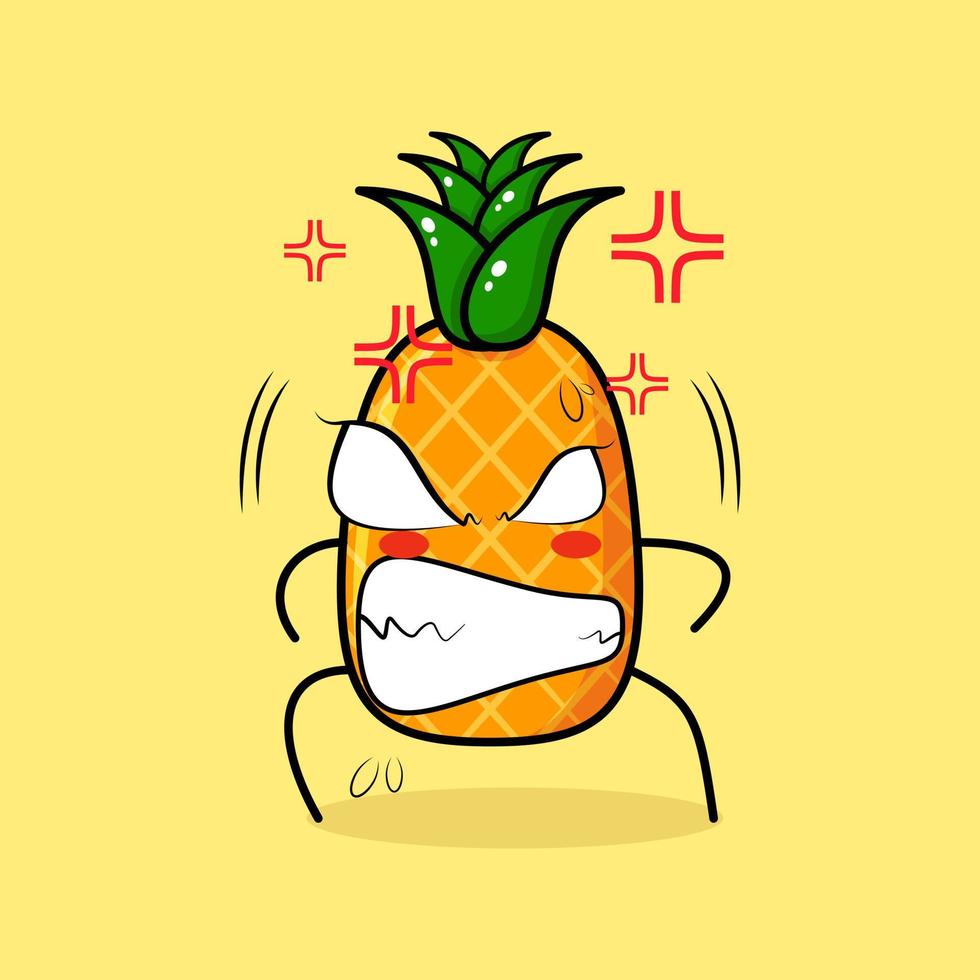 simpatico personaggio di ananas con espressione arrabbiata. occhi sporgenti e sorridenti. verde e giallo. adatto per emoticon, logo, mascotte vettore