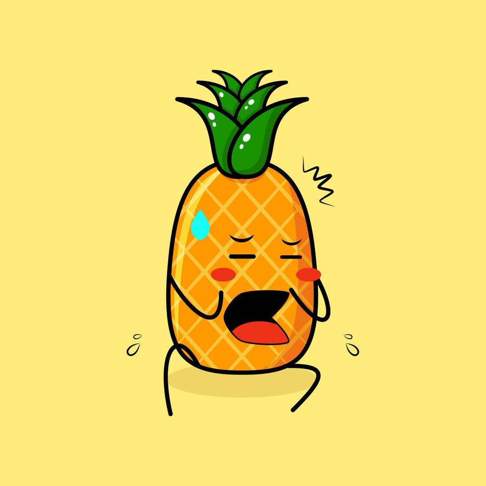 simpatico personaggio di ananas con espressione spaventata e siediti. verde e giallo. adatto per emoticon, logo, mascotte o adesivo vettore