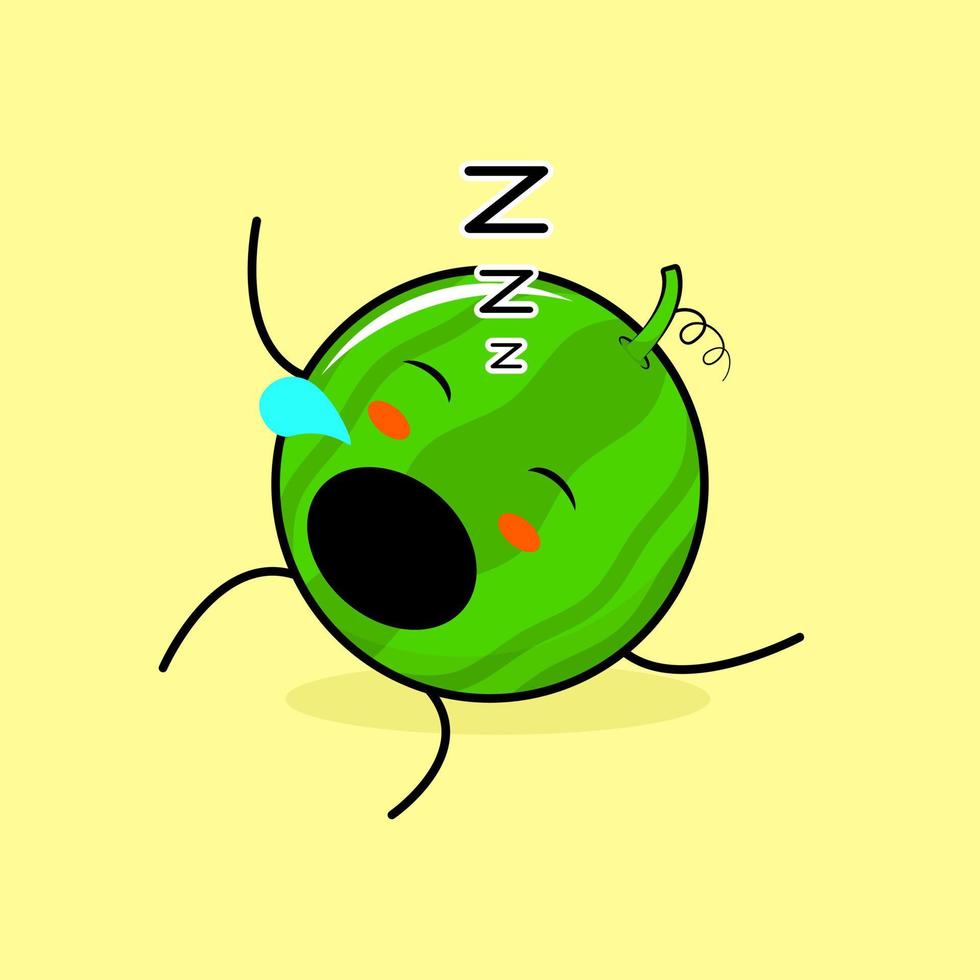 simpatico personaggio di anguria con l'espressione del sonno, sdraiato, chiudi gli occhi e bocca aperta. verde e giallo. adatto per emoticon, logo, mascotte vettore