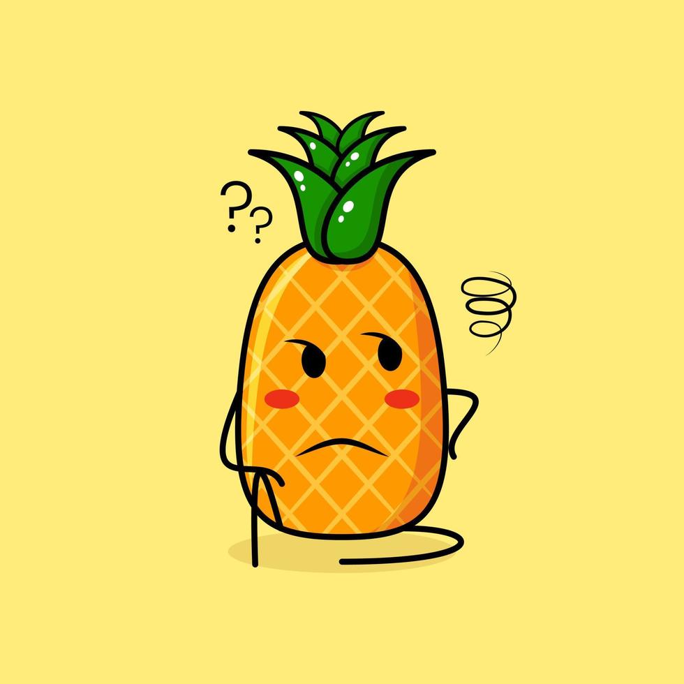 simpatico personaggio di ananas con espressione pensante e siediti. verde e giallo. adatto per emoticon, logo, mascotte vettore