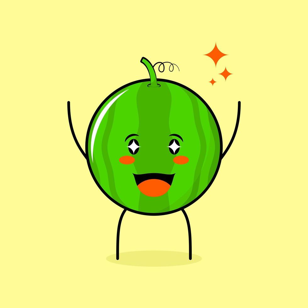 simpatico personaggio di anguria con espressione felice, due mani alzate, bocca aperta e occhi scintillanti. verde e giallo. adatto per emoticon, logo, mascotte vettore
