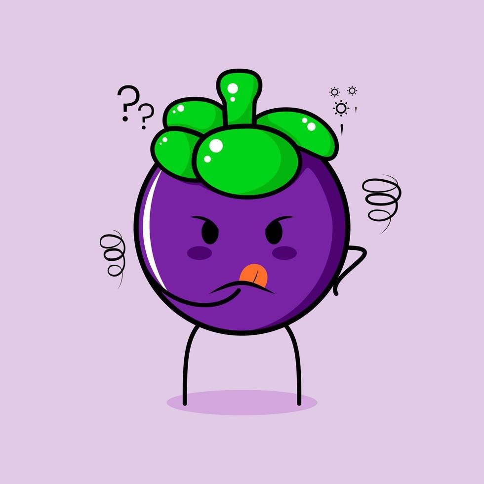 simpatico personaggio di mangostano con espressione pensante e mano posta sul mento. verde e viola. adatto per emoticon, logo, mascotte vettore