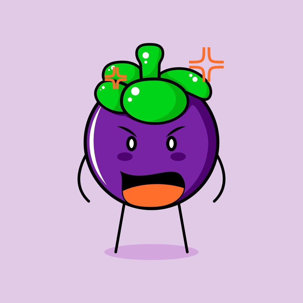 simpatico personaggio di mangostano con espressione arrabbiata. bocca spalancata. verde e viola. adatto per emoticon, logo, mascotte vettore