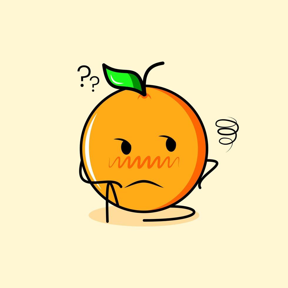 simpatico personaggio arancione con espressione pensante e siediti. adatto per emoticon, logo, mascotte o adesivo vettore