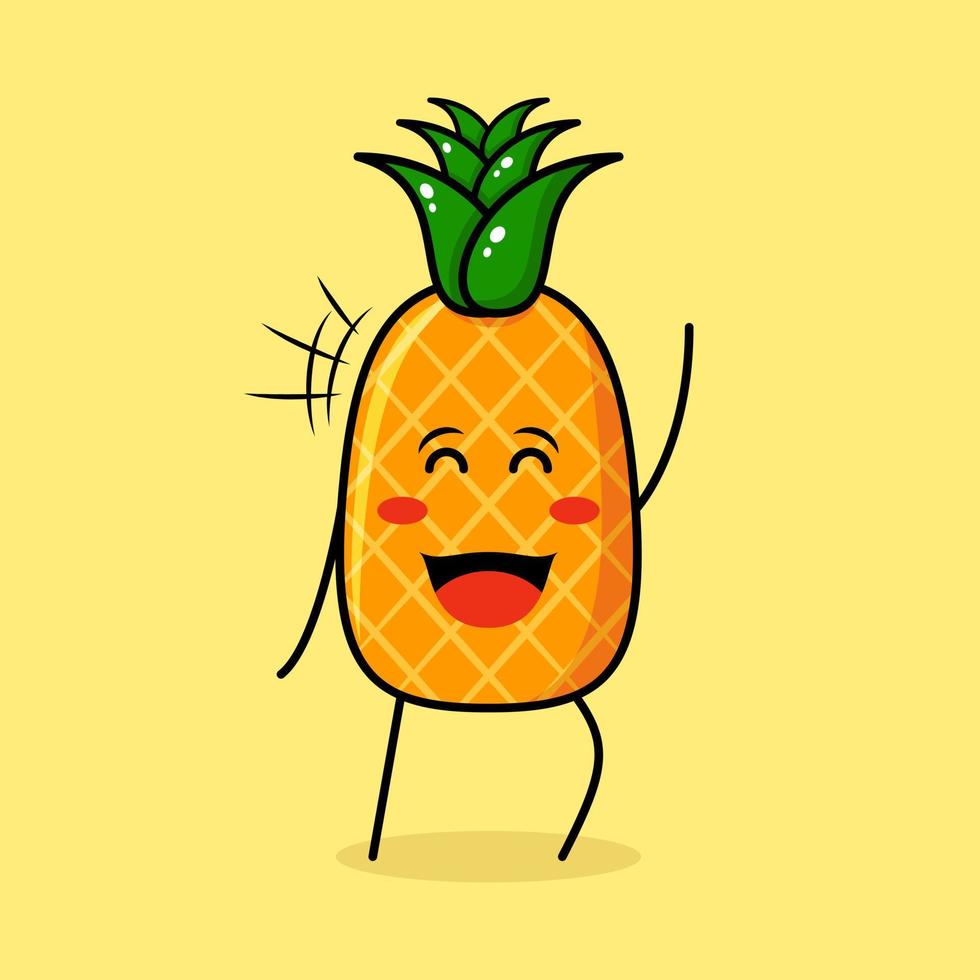 simpatico personaggio di ananas con espressione felice, occhi chiusi e una mano alzata. verde e giallo. adatto per emoticon, logo, mascotte vettore