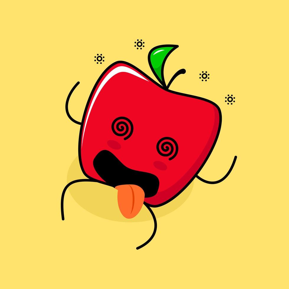 simpatico personaggio mela rossa con espressione da capogiro, occhi roteanti, sdraiato e lingua che sporge. verde e rosso. adatto per emoticon, logo, mascotte e icona vettore