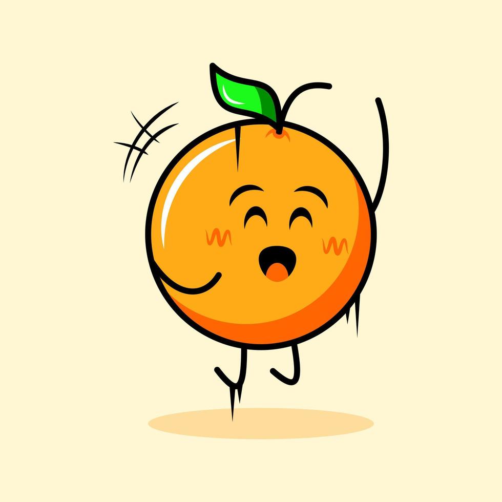 simpatico personaggio arancione con foglia, espressione felice, occhi chiusi e occhi scintillanti. logotipo di cartone animato, emoticon, moderno, fresco, contorno e mascotte. adatto per logo, icona e segno vettore