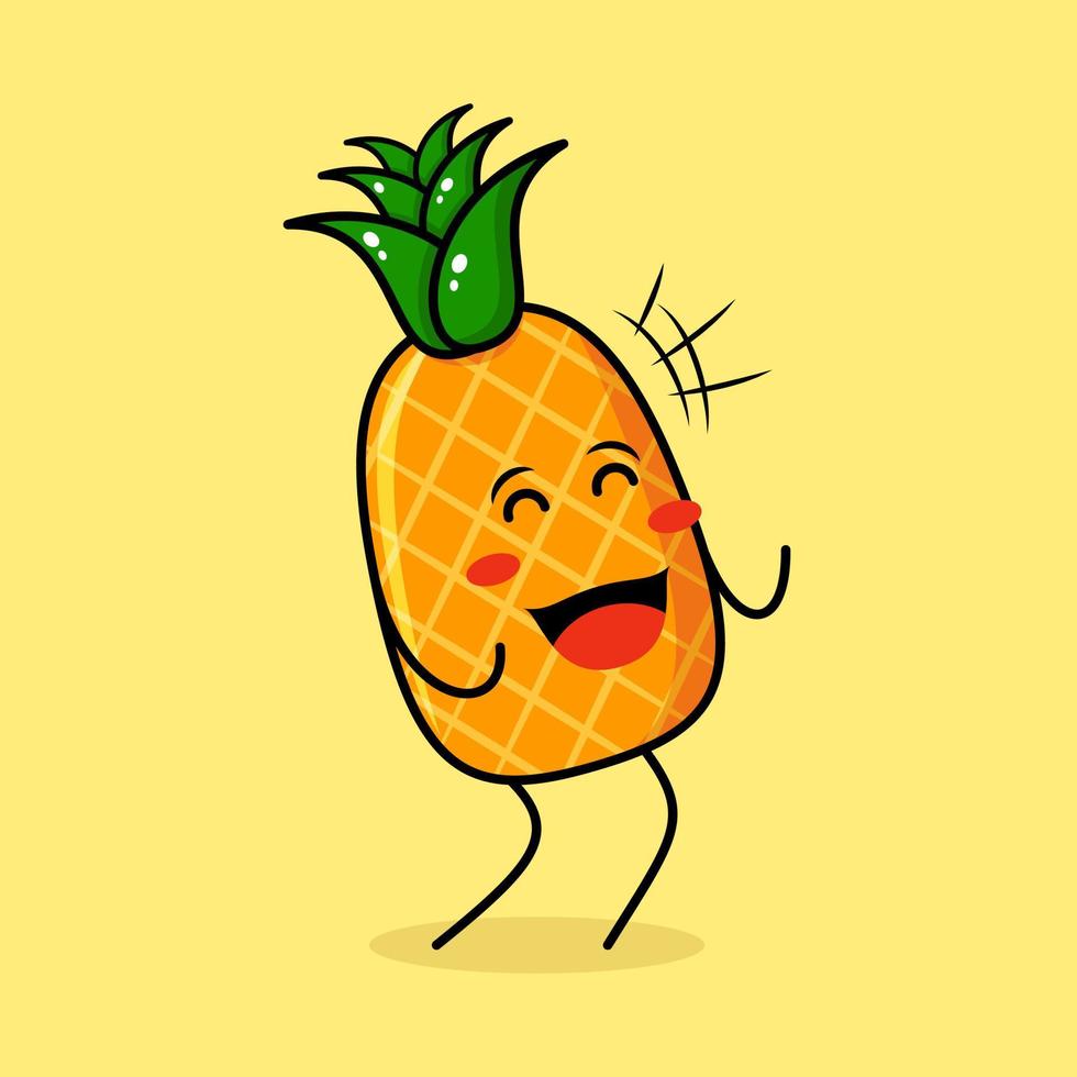 simpatico personaggio di ananas con espressione felice, occhi chiusi e bocca aperta. verde e giallo. adatto per emoticon, logo, mascotte vettore