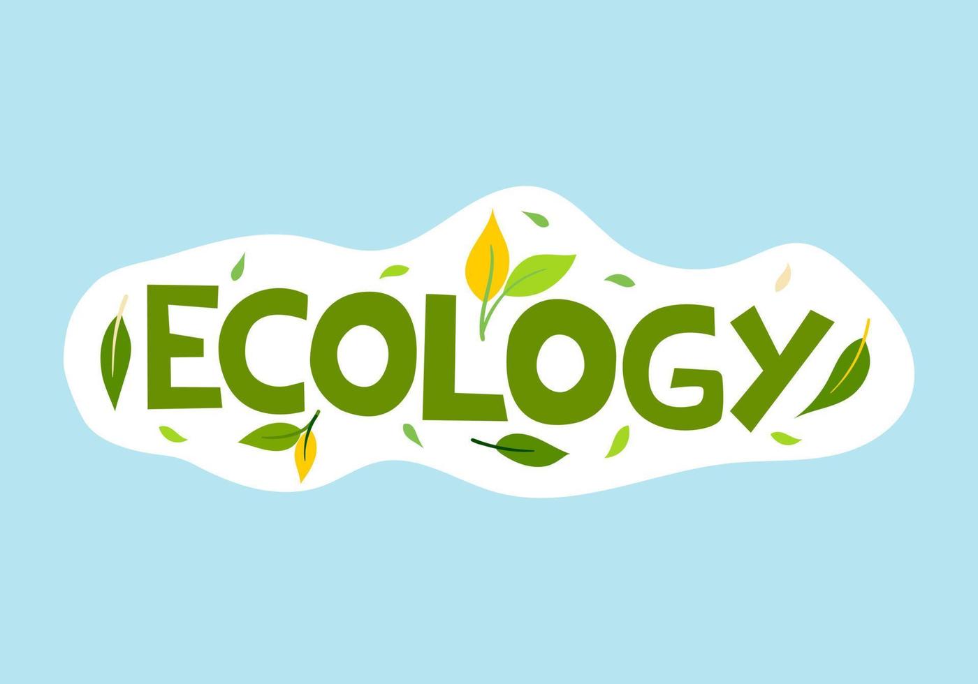 illustrazione vettoriale, ecologia con iscrizione verde con foglie su sfondo blu. protezione dell'ambiente e dell'ecologia vettore