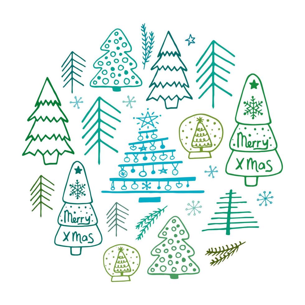 alberi di natale in stile doodle, cartolina di natale vettore